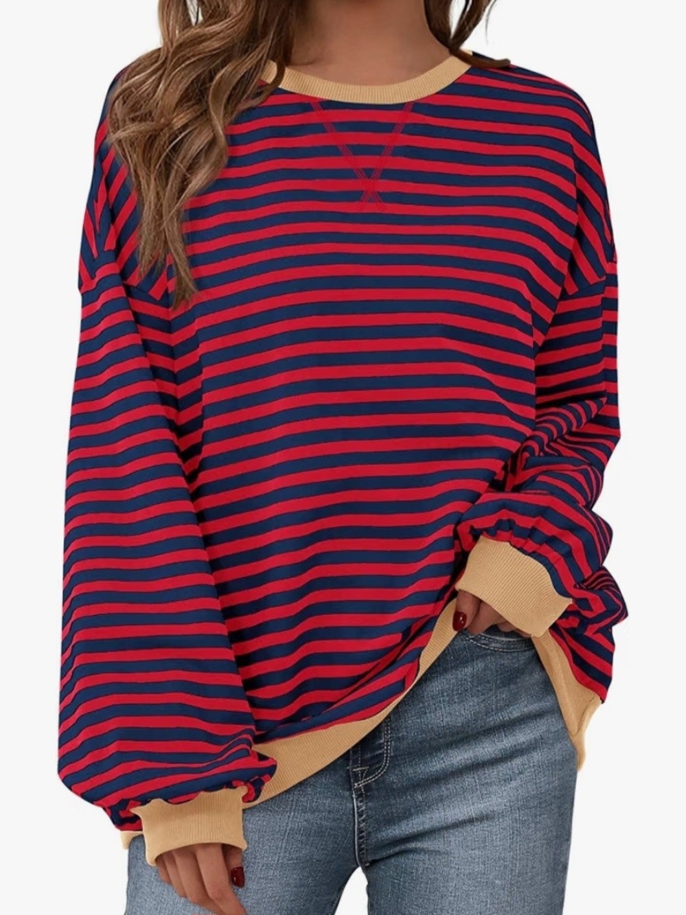 Women's Red & Navy Striped Long Sleeve Top with Tan Trim